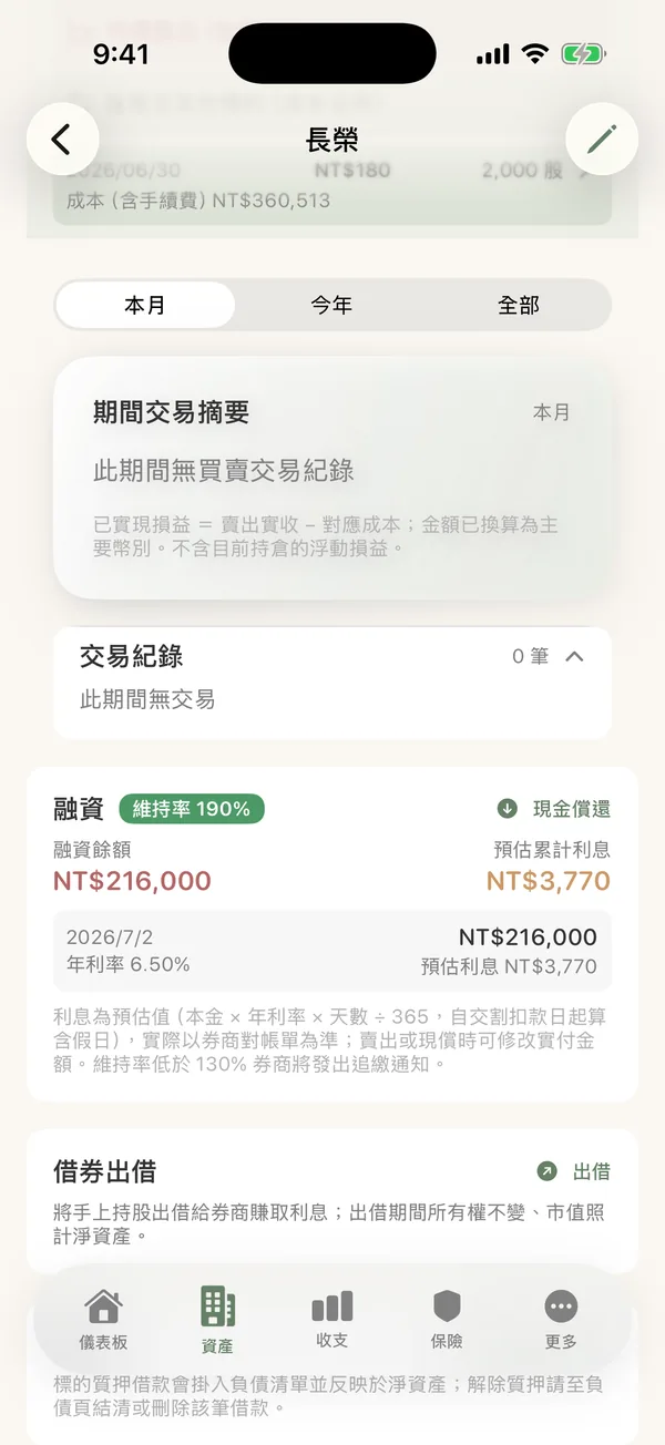 CoRich 股票融資：維持率、融資餘額、預估利息與現金償還